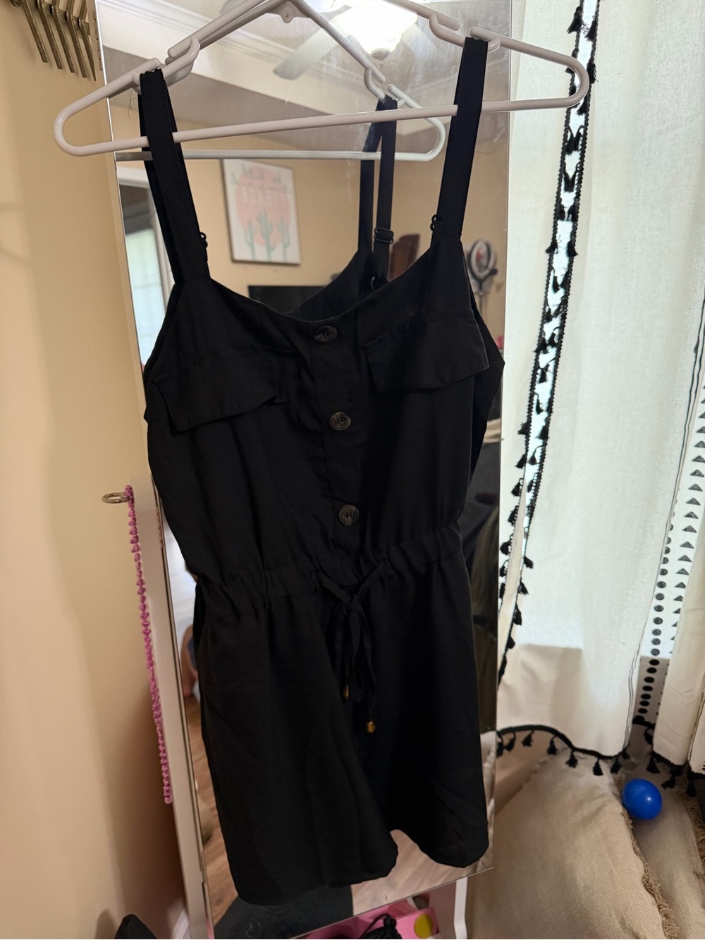 Black Drawstring Button-Front Romper